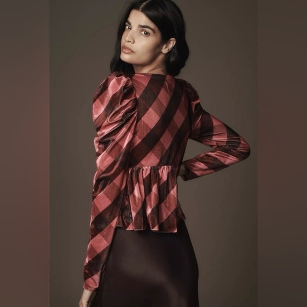 Maeve Plaid Velvet Puff Sleeve Blouse - Picture 2 of 8